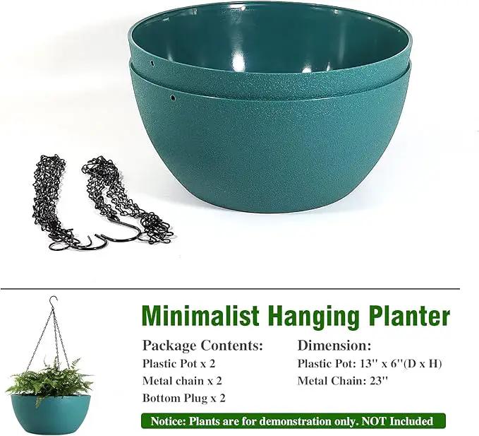 WOUSIWER 13 inch 2 Pack Large Hanging Planters for Indoor Outdoor Plants with Drainage Holes and Chain, Round Hanging Flower Pots for Garden Home Porch Decor, Myrtle Green by GreenHaven Gardens