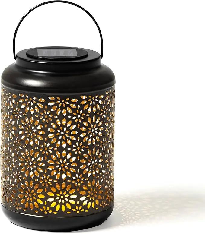 Glitzhome Solar Lantern Black Metal Cutout Flower Outdoor Hanging Solar Light with Handle for Garden Patio Yard Outdoor Decor by GreenHaven Gardens