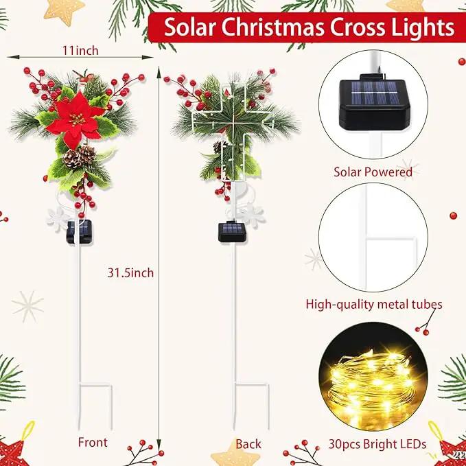 4 Pack Solar Christmas Decorations Outdoor, 32 Inch Solar Christmas Cross Stake Lights, Waterproof Grave Decorations with Poinsettia Flower Pinecones Red Berries for Garden Yard Patio Lawn Cemetery by GreenHaven Gardens