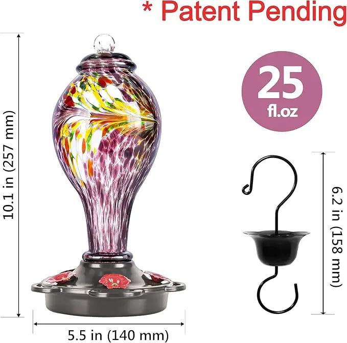 LUJII Hand Blown Glass Hummingbird Feeder for Outdoors Hanging with Ant Guard, 25 fl.oz, Leak Proof & Rustproof, Metal Base with 5 Feeding Ports & 5 Perches, Unique Garden & Backyard Decor (Purple) by GreenHaven Gardens