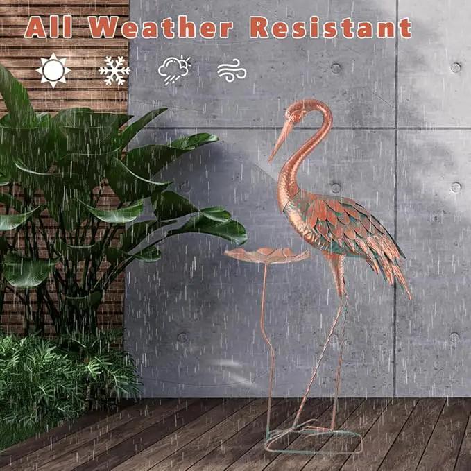 42'' Crane Garden Statue, Heron Outdoor Statue & Sculpture with Lotus Leaf, Metal Heron Yard Art Decor for Garden, Yard, Lawn, Pond (Brown & Blue)