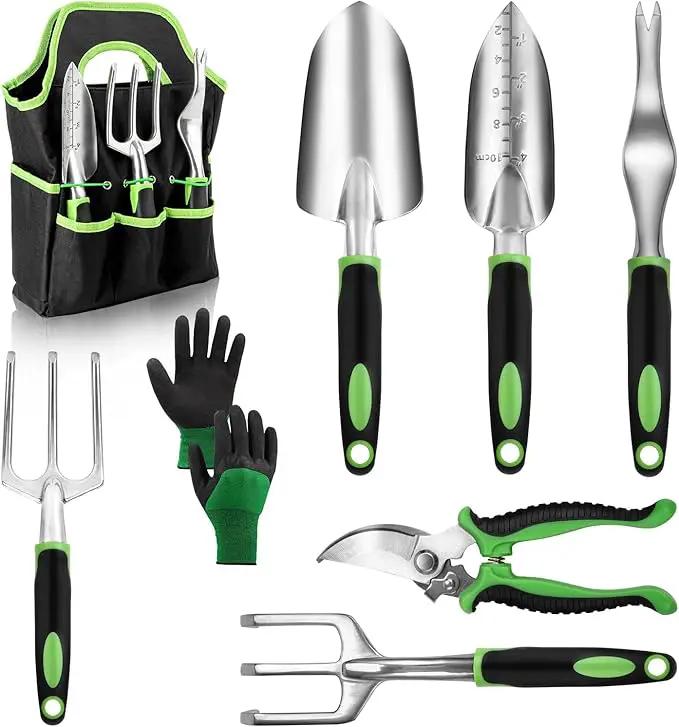 Garden Tool Set with Non Slip Rubber Grip,8 Piece Stainless Steel Gardening Tool Sets,Heavy Duty Outdoor Hand Tools Durable Storage Tote Bag,Uprooting Weeding Tool, Gifts for Women Men Green by GreenHaven Gardens