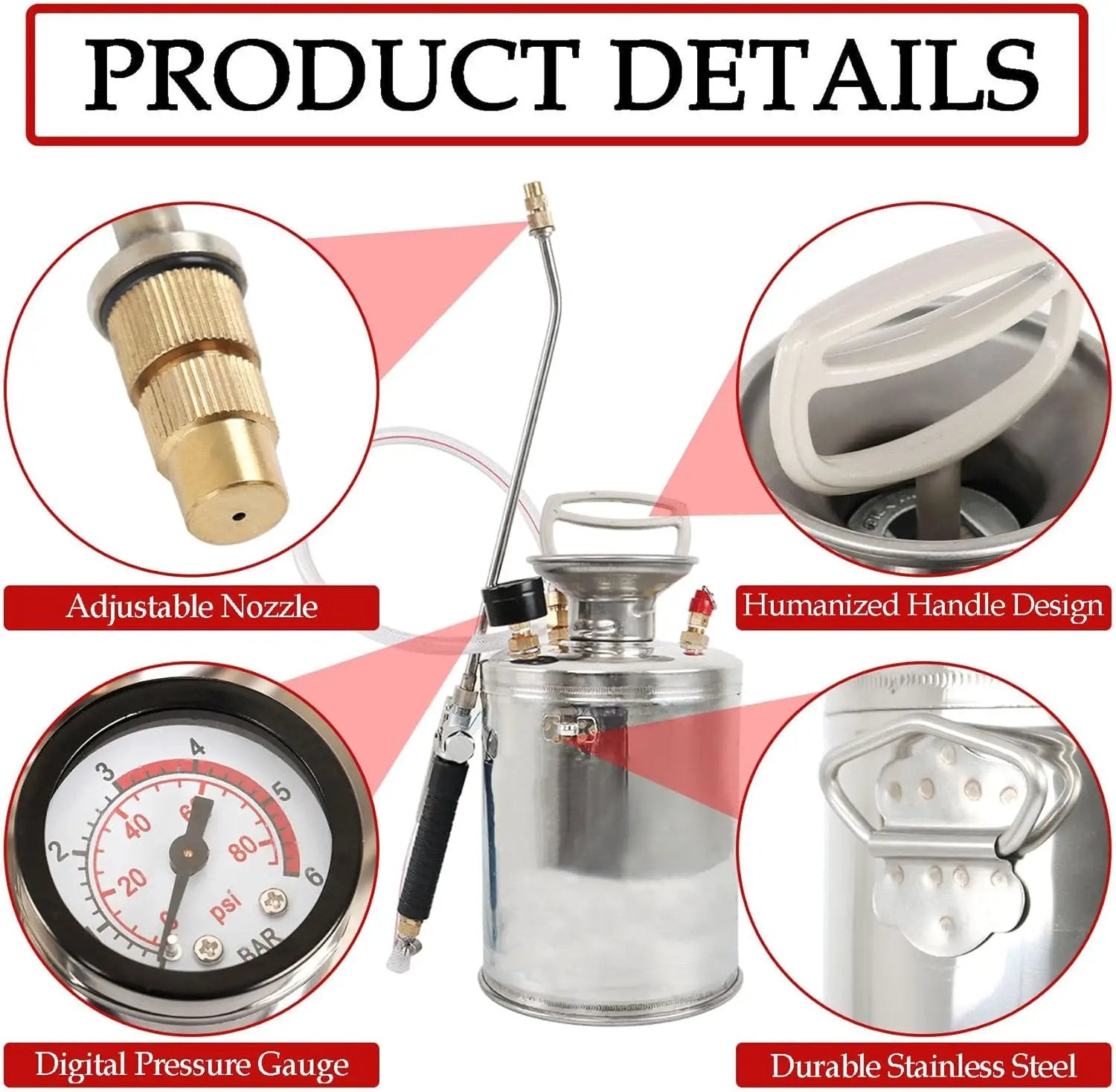 Hand Pump Sprayer Stainless Steel Sprayer for Indoor and Outdoor 1 Gallon Sprayer 12 in Wand 3.3 FT Hose by GreenHaven Gardens