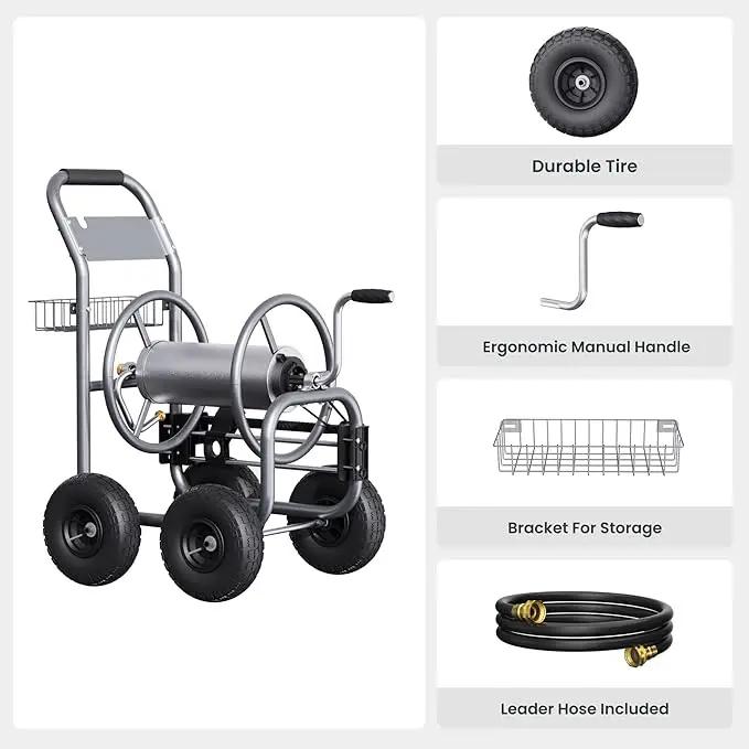 Giraffe Tools Hose Reel Cart, Hose Cart with Wheels Heavy Duty, Industrial Hose Reels for Outside, 250-Feet of 5/8" Hose Capacity, Hose Guide Pre-Installed by GreenHaven Gardens