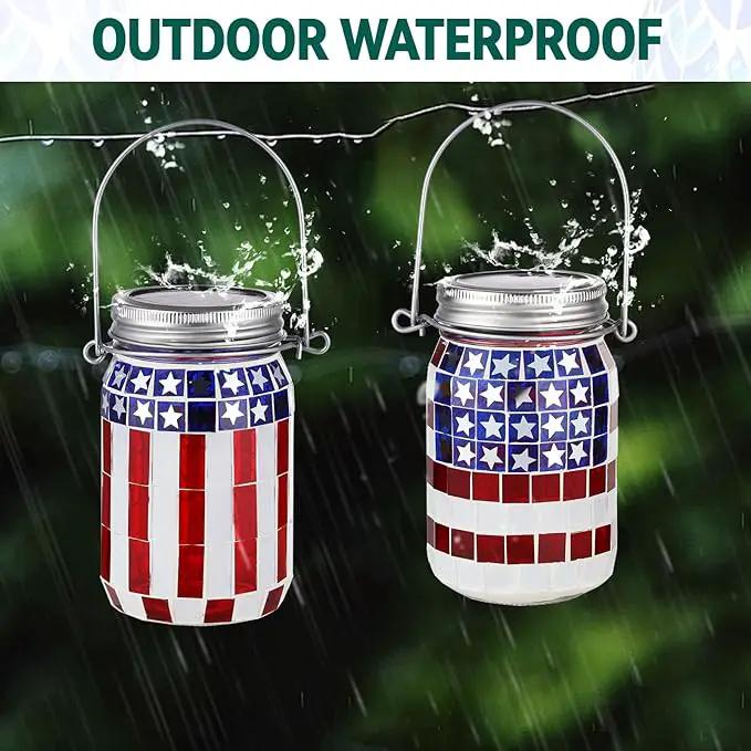 VOREEN 2 Pack Mosaic Solar Lanterns, Outdoor Glass Hanging Lights, Solar Table Lamps, Waterproof, American Flag Jar Lights Gifts, Patriotic Theme Decoration for Garden, Patio, Yard, Easter Gifts by GreenHaven Gardens