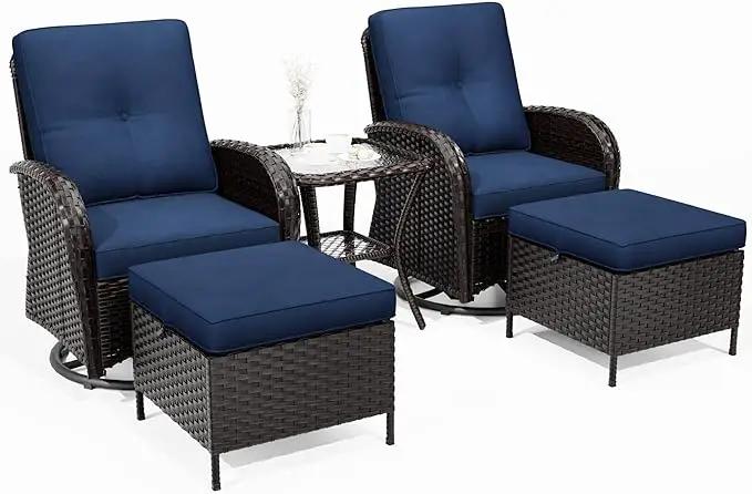 Joyside 5 Piece Patio Furniture Set, Outdoor Swivel Chair Sets with Thick Cushion and Ottoman, Wicker Patio Conversation Set for Porch, Deck Use (Brown/Blue, 5 PCS) by GreenHaven Gardens