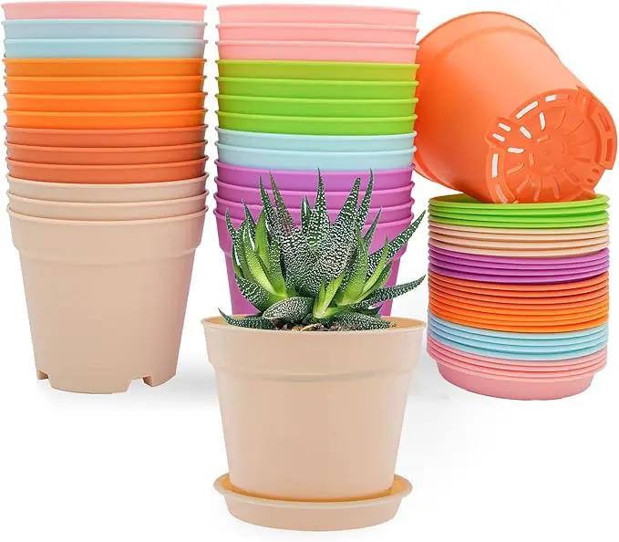 4 inch Plant Pots, 28 Pack Small Plastic Planters with Drainage Holes and Saucers for Flowers Plants, Succulents, Seed Starting Pots, Colorful by GreenHaven Gardens