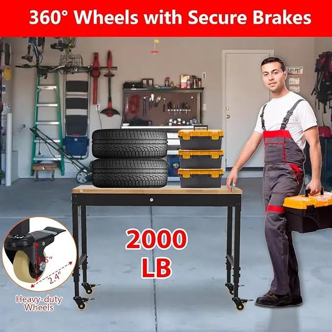 48'' Adjustable Workbench on Wheels, 2000LBS Heavy Duty Worktable with Power Outlets & Drawers & Pegboard, Rubberwood Workstation for Workshop, Garage, Office, Home by GreenHaven Gardens