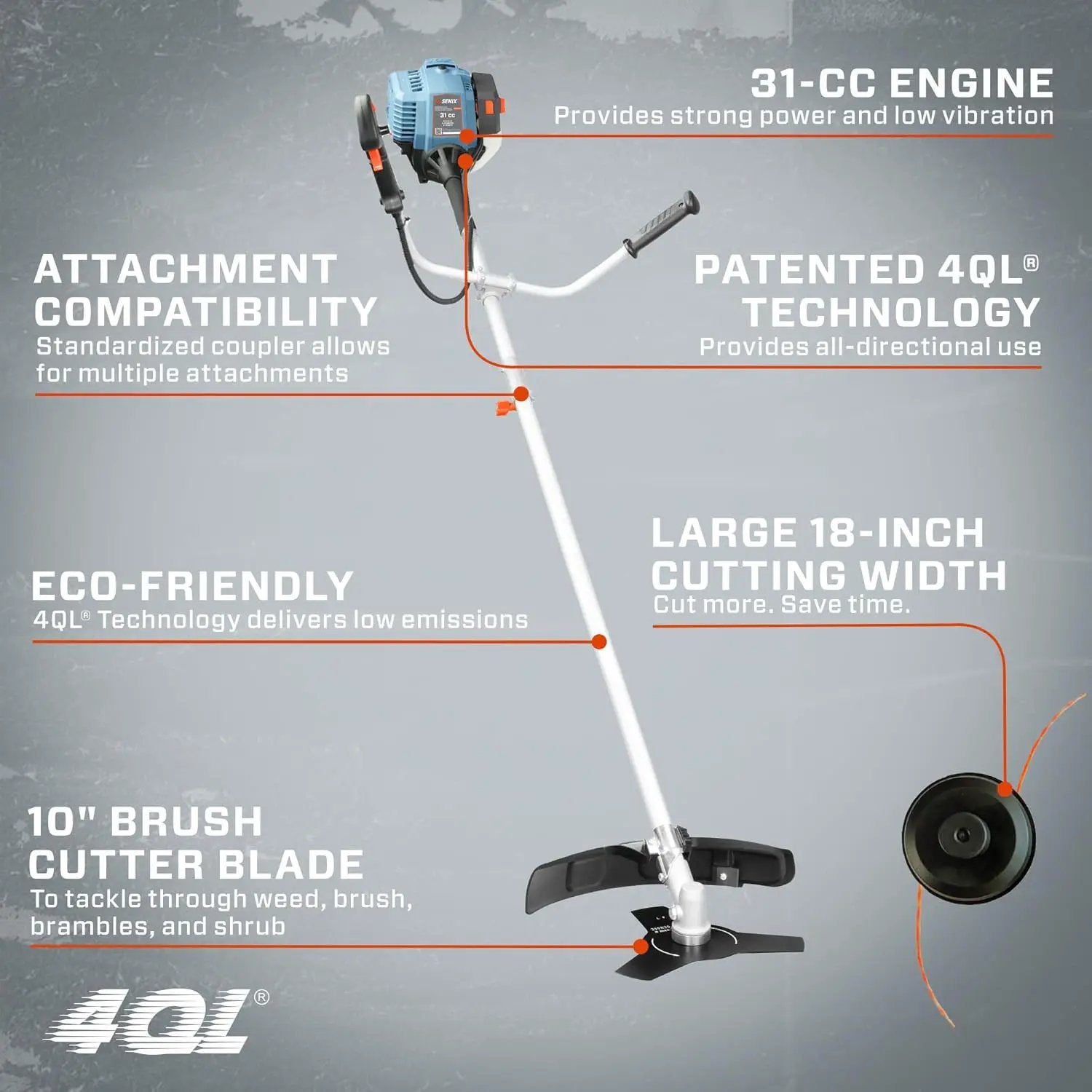 SENIX GTBCU4QL-M 4QL 31 cc Gas Brush Cutter, 4-Cycle String Trimmer and Edger Lawn Tool with Straight Shaft, Front D-Handle, Bump Feed, 17.7 Inch Cutting Width by GreenHaven Gardens