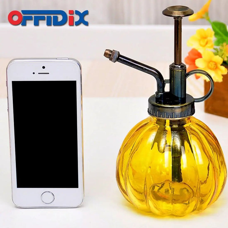 OFFIDIX Yellow Glass Watering Can Indoor, 6.3" Tall Vintage Style with Bronze Plastic Top Pump One Hand Spray Bottle by GreenHaven Gardens