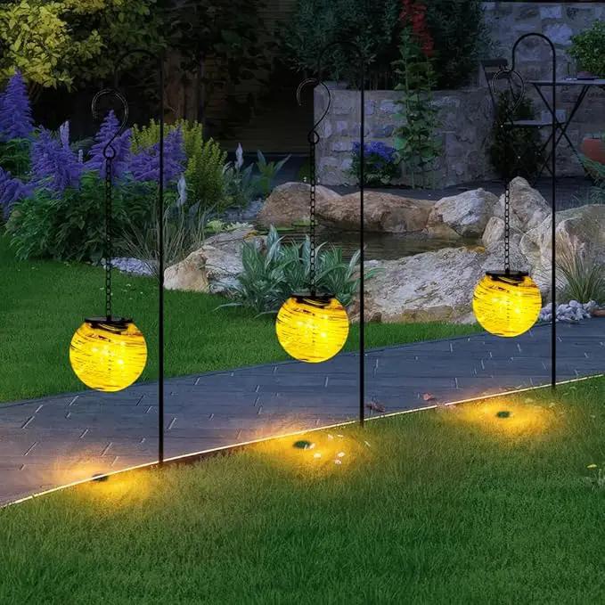 Solar Lanterns Outdoor Waterproof LED Lights 4.7" Glass Hanging Solar Lights with Metal Chain,Gazing Globe Ball Outdoor Decorative Lantern for Patio Pathway Yard Garden Decor(Yellow) by GreenHaven Gardens