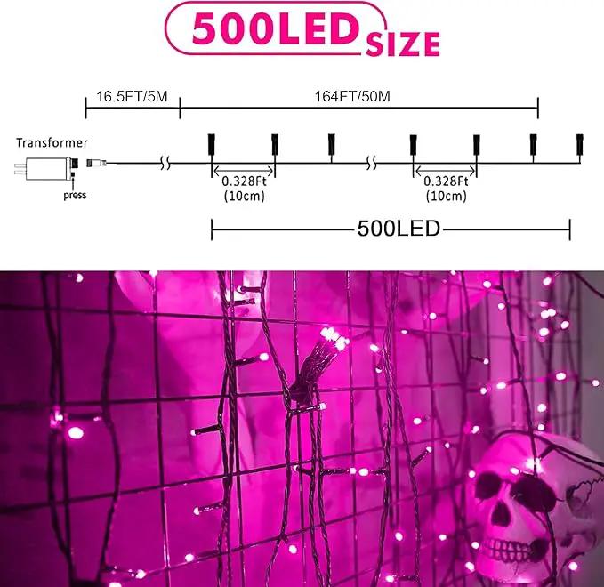 weillsnow Pink Halloween Lights Outdoor, 164 FT 500 LED String Lights Plug in, 8 Modes Waterproof Fairy Lights for Valentines Day, Halloween, Party, Wedding, Bedroom, Garden Decorations by GreenHaven Gardens