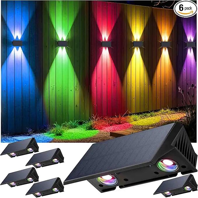 Fence Lights Solar Powered, 6-Pack Solar Fence Lights Up/Down Flexible Buttons, IP67 Waterproof for Outdoor, 120LM Bright, Auto Dusk to Dawn for Wall/Stairs/Yard/Railing/Deck/Pathway (White & RGB) by GreenHaven Gardens