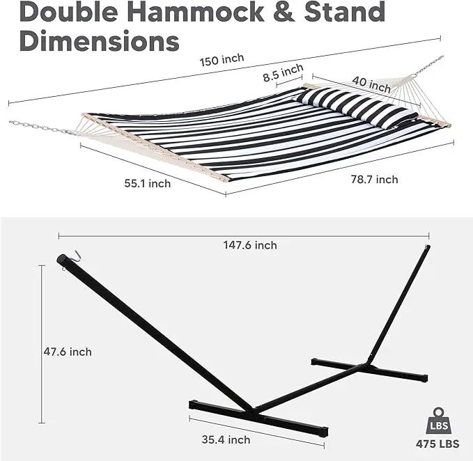 SUNCREAT Two Person Hammock with 12ft Stand Included, Max 475lbs Capacity, Heavy Duty Free Standing Hammock, Black Stripes by GreenHaven Gardens