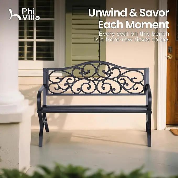 PHI VILLA 50-Inch Cast Iron Steel Frame Garden Bench Outdoor Patio Bench Chair w/Floral Design Backrest, Slatted Seat for Park, Yard & Porch, Black by GreenHaven Gardens