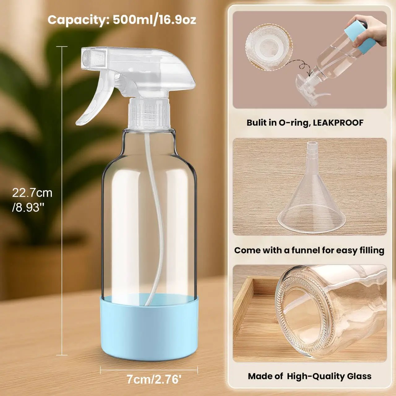 Glass Spray Bottles with Silicone Sleeve 16.9oz 2 Pack Empty Spray Bottle for Hair Mist/Stream Spraying for Cleaning Solutions, Plants, Essential Oils (clear-qblue&white) by GreenHaven Gardens