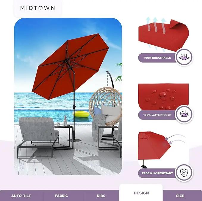 Midtown Umbrellas Sunbrella Umbrella 8 Feet Outdoor Umbrella With Sunbrella Red Acrylic Fabric - Auto-Tilt Aluminum Frame Patio Umbrella For Backyard, Deck, Garden, Pool - Black Pole by GreenHaven Gardens