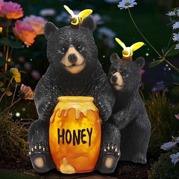 Solar Garden Decor Statues 7" Resin Mother&Cub Bear Figurines with Honey Jar Waterproof Black Bear Decor for Outside Yard Patio Porch Decoration Gift for Mom Grandma by GreenHaven Gardens