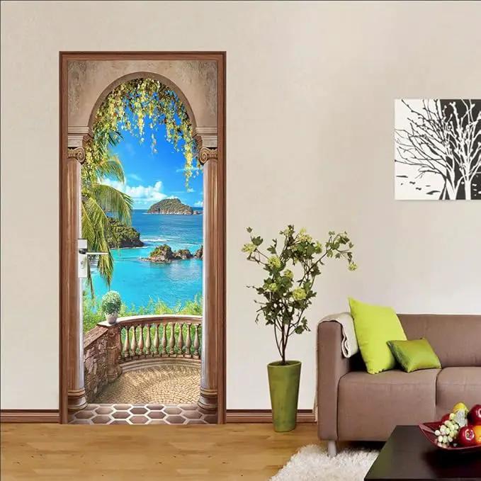 3D Door Stickers Murals - Landscape - Peel and Stick - Waterproof & Washable - Matt Finish - Tropical Style - White - 33.9" x 78.7" - 2 PARTS by GreenHaven Gardens