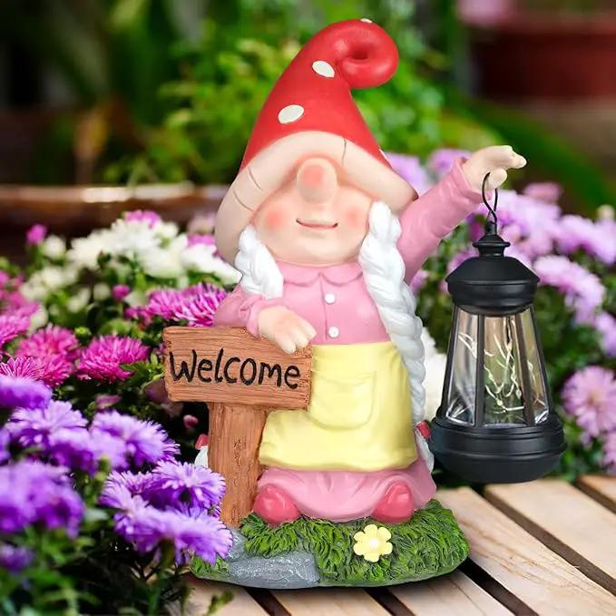 Solar Garden Gnome Statue Holding LED Lantern with Welcome Sign Outdoor Ornaments Waterproof Christmas Decoration for Outside Patio Yard Lawn Decor (Pink) by GreenHaven Gardens