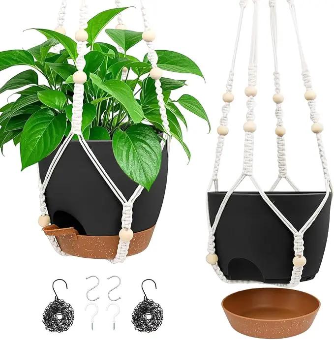 Hanging Planters for Indoor Outdoor Plants, 2 Pack Self Watering Hanging Pot with Drainage Holes, Removable Tray & 2 Kinds of Plant Hangers, 8'' Hanging Flower Pots for Home Garden Decor, Black by GreenHaven Gardens