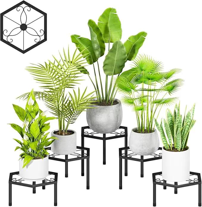 Small Metal Plant Stand indoor - 5 Pack Black Short Flower Pot Stand, Heavy Duty Anti-Rust Iron Shelf for Outdoor Home Patio Garden by GreenHaven Gardens