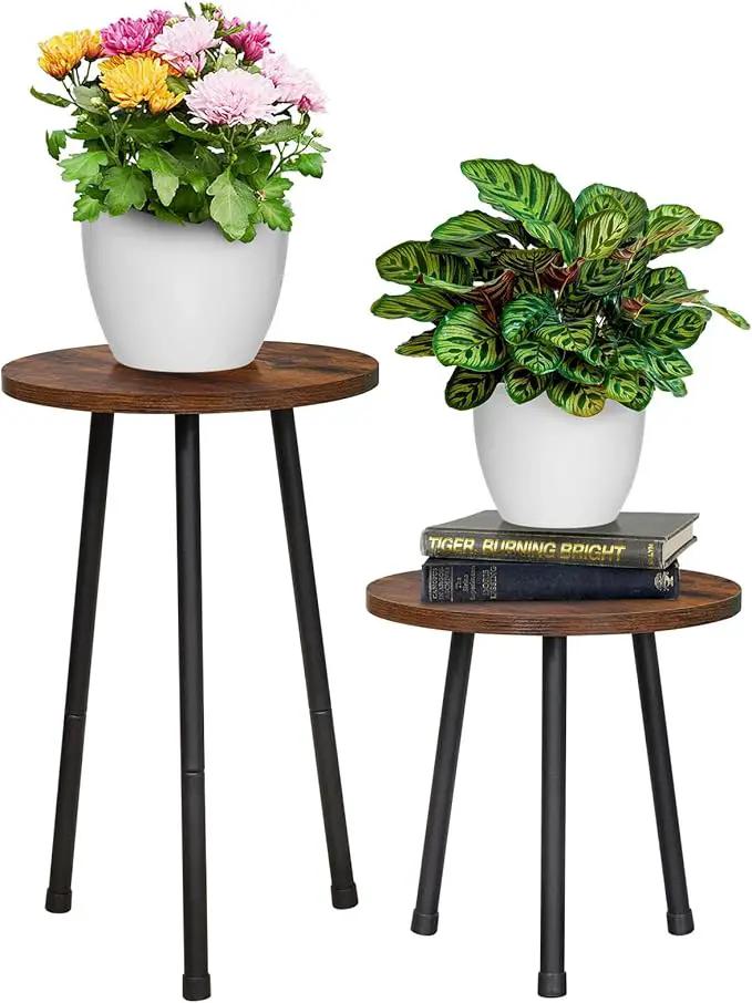 2 Pack Indoor Plant Stand, Mid-Century Wooden Style Plant Holder, Indoor Outdoor Flower Stand,Small Round Table, Two Different Sizes(Black) by GreenHaven Gardens