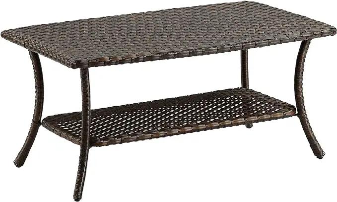 Patio Tables Outdoor Coffee Table - Wicker Rattan Coffee Tables with 2-Tier Storage Shelf Side Table for Porch Deck Balcony Garden Outside Rectangle Brown by GreenHaven Gardens