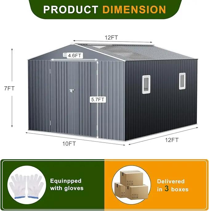 12x10 FT Metal Sheds & Outdoor Storage: Heavy Duty Garden Sheds with Dual Transparent Panels, DIY-installable Windows & Lockable Doors, Weatherproof Tool Shed for Backyard, Garden, Patio, Grey by GreenHaven Gardens