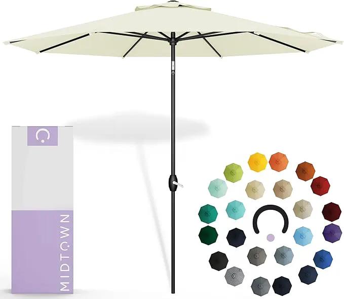 Midtown Umbrellas Sunbrella Umbrella 8 Feet Outdoor Umbrella With Sunbrella Canvas Natural Acrylic Fabric - Auto-Tilt Aluminum Frame Patio Umbrella For Backyard, Deck, Garden, Pool - Black Pole by GreenHaven Gardens