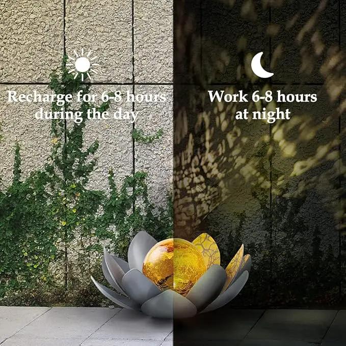 Huaxu Solar Lights Outdoor Garden Decor , Amber Crackle Globe Glass Lotus Decoration,Waterproof Gray Metal Flower Light for Patio,Lawn,Walkway,Tabletop,Ground by GreenHaven Gardens