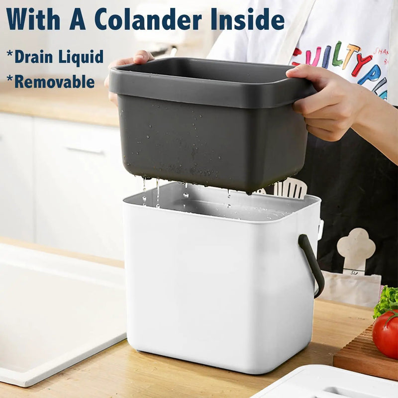 Kitchen Compost Bin Countertop, LALASTAR Hanging Trash Can with Lid for Kitchen Cabinet Door, Wall-Mounted Compost Pail with Colander, 1.8 Gallons, White by GreenHaven Gardens