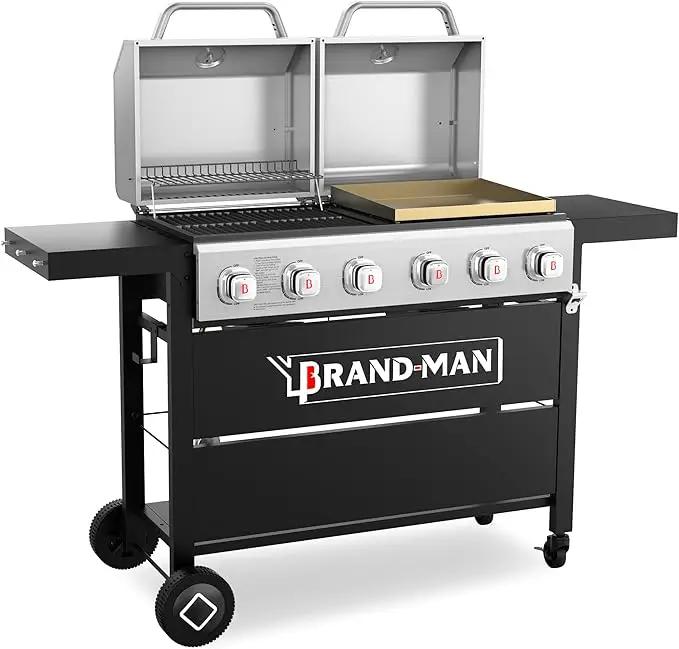 Brand-Man Griddle Grill Combo 6-Burner, 2 in 1 Versatile Propane Gas Grill and Griddle with Double Stainless Steel Lids, BBQ Combo for Outdoor Kitchen & Backyard Barbecue Cooking by GreenHaven Gardens