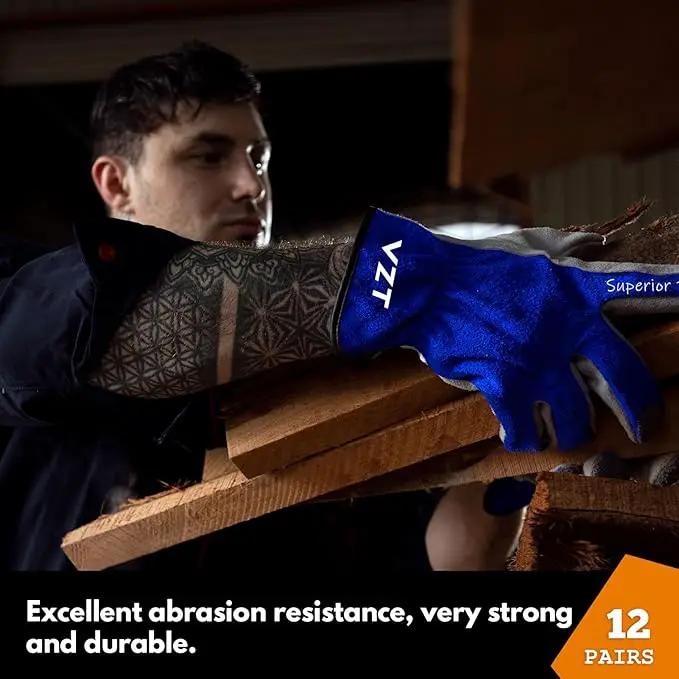 12 Pairs Bulk Leather Work Gloves for Men or Women for Construction, Wood cutting, Driving, Gardening, Automotive Repair, Water Resistant, Soft, Cowhide, Class 4 Abrasion Resistant, Blue-White, M by GreenHaven Gardens