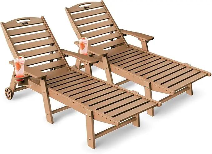 Lounge Chair Outdoor Set of 2, HDPE Chaise Lounge Outdoor with 6-Position & Wheels &Cup Holder, Pool Lounge Chair for Pool Poolside Deck Backyard Patio, Teak by GreenHaven Gardens