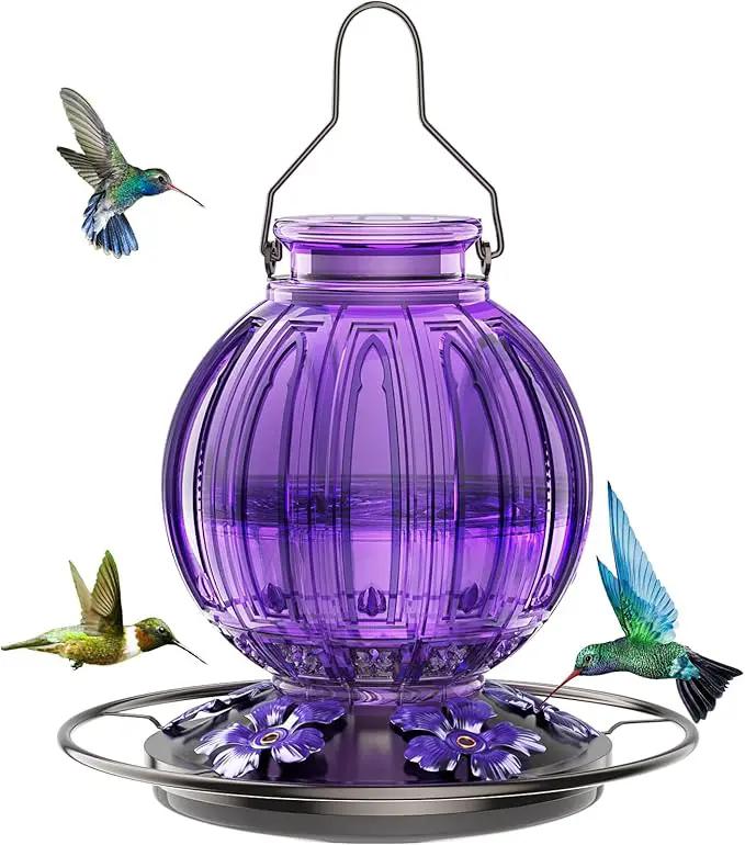 Glass Hummingbird Feeder for Outdoors Hanging, Bird Nectar Feeder with Perch & 5 Flower Feeding Ports, 26 Oz Leak Proof for Outside Garden Decor Backyard, Gifts for Women Mom, Purple by GreenHaven Gardens