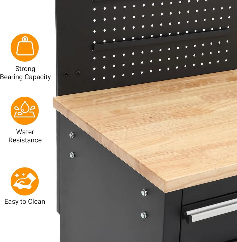 Heavy Duty 61" Tool Chest Cabinet, Mobile Garage Workbench with 10 Drawers and Power Strip, Rubber Wood Worktop, 1675 LBS Load, Rolling Tool Storage Organizer for Mechanic, Shop or Home Use by GreenHaven Gardens