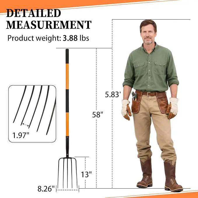 5 Tine Pitchfork for Gardening, Heavy Duty Pitchfork with Fiberglass Handle, Garden Fork for Mulching, 58 Inches by GreenHaven Gardens