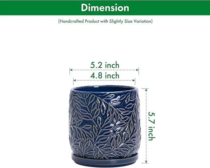 D'vine Dev 5 Inch Embossed Leaves Stoneware Planter Pot with Drainage Hole and Saucer, Midnight Blue, 27-A-V-3 by GreenHaven Gardens