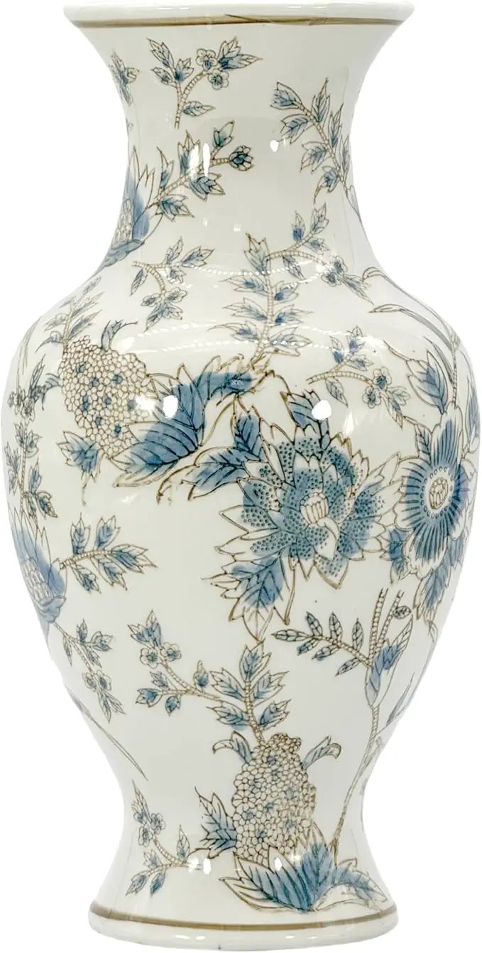 Galt International White & Blue Floral Chinoiserie Ceramic Vase 14" - Hand Painted Antique Style Porcelain Flower Bottle Fishtail Porcelain Chinese Vase for Home Decor Centerpiece by GreenHaven Gardens
