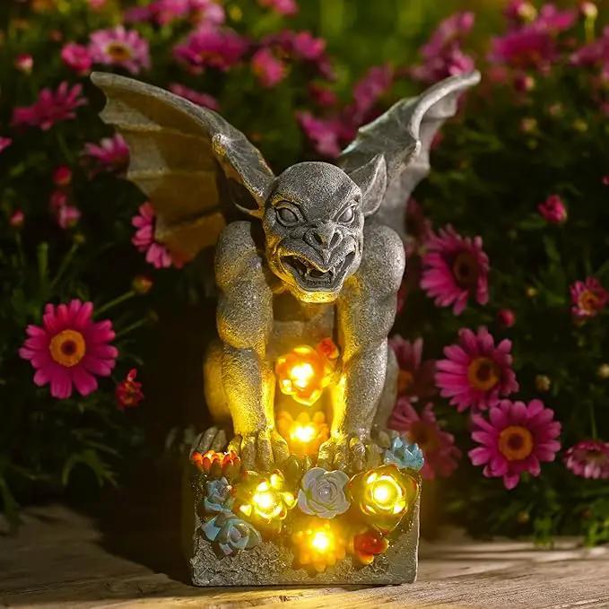Solar Gothic Gargoyle Garden Statues: Outdoor Sculptures with Succulent Lights Decor for Patio Lawn Yard Art - Gifts for Mom Grandma by GreenHaven Gardens