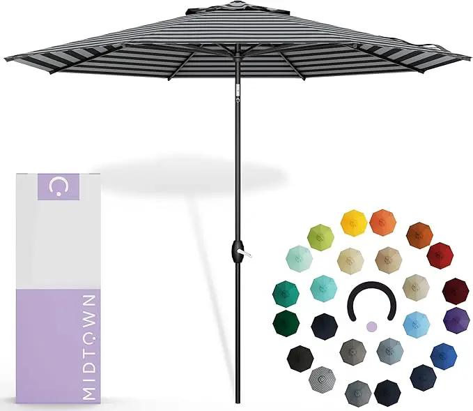 Midtown Umbrellas Sunbrella Umbrella 8 Feet Outdoor Umbrella With Sunbrella Black & White Acrylic Fabric - Auto-Tilt Aluminum Frame Patio Umbrella For Backyard, Deck, Garden, Pool - Black Pole by GreenHaven Gardens