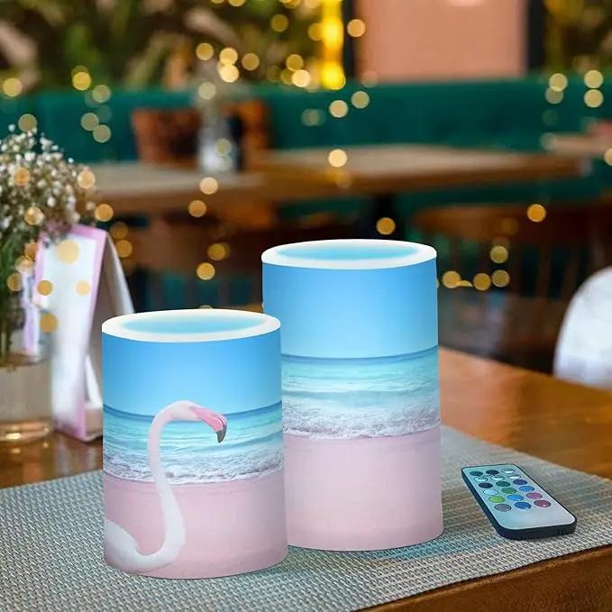 Flickering Flameless Candles, Pink Flamingo on Beach LED Candles with Remote Timer, Set of 2 Battery Operated Candle for Valentine Wedding Birthday by GreenHaven Gardens