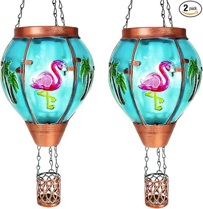 2 Pack Solar Hot Air Balloon Lantern With Flame, Flamingo Glass Solar Outdoor Lights for Patio Garden Decor, Gifts for Women Grandma Mom by GreenHaven Gardens
