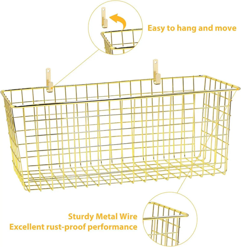 2 Sets Extra Large Hanging Wall Basket, Gold Metal Wire Baskets with Steel Hooks for Organizing, WallmountedFruit Vegetable Toy Snack Storage, Home Kitchen Bathroom Laundry Pantry Organizer by GreenHaven Gardens