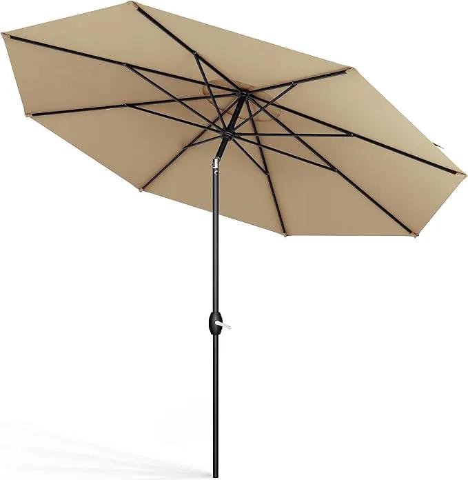 Midtown Umbrellas Sunbrella Umbrella 8 Feet Outdoor Umbrella With Sunbrella Heather Tan Acrylic Fabric - Auto-Tilt Aluminum Frame Patio Umbrella For Backyard, Deck, Garden, Pool - Black Pole by GreenHaven Gardens