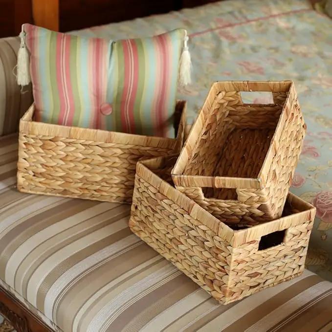 Storage Baskets,Woven Natural Water hyacinth Box with Handle,Kingwillow.(Set of 3) by GreenHaven Gardens