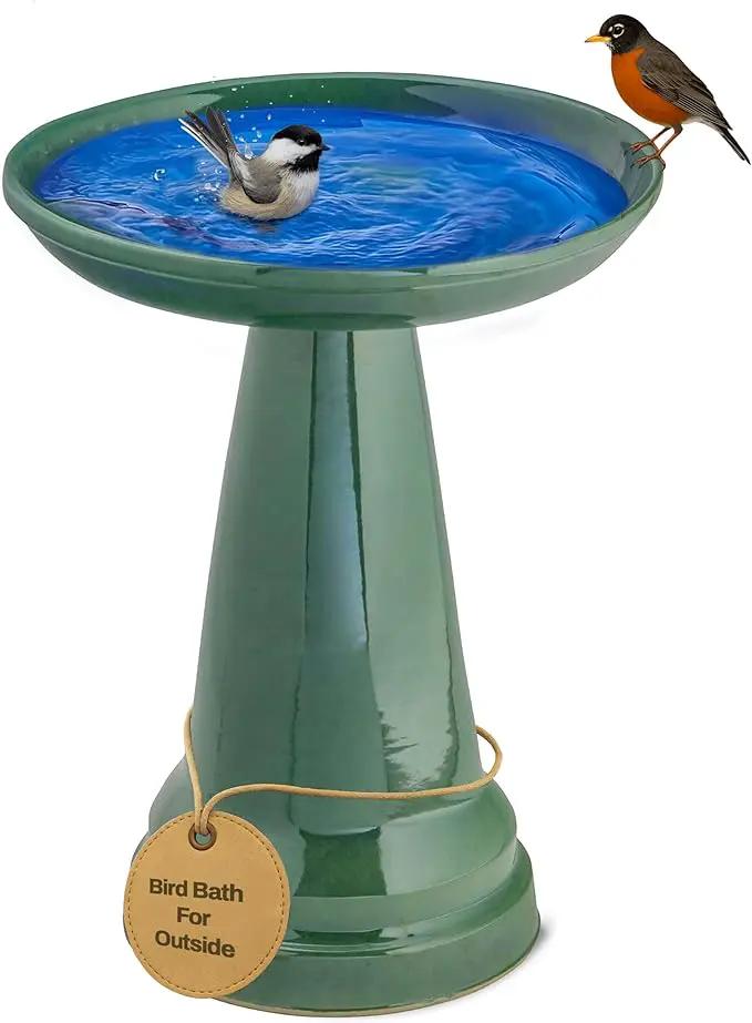 Birds Choice Ohio Stoneware Bird Bath | Pedestal Bird Bath, Stable Locking Top | Weather-Resistant Ceramic Clay, Glazed Finish | Outdoor Garden & Patio Decor | 22" H x 17" D, Summer Green by GreenHaven Gardens