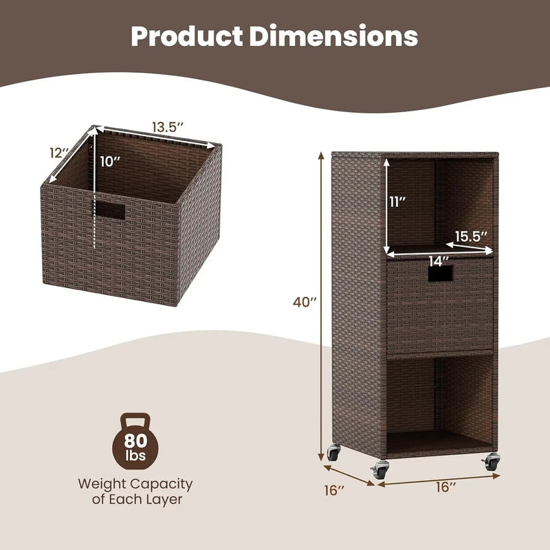 Tangkula Rattan Outdoor Storage Cabinet, Patiojoy Outdoor Wicker Cabinet with 3 Shelves, 1 Removable Drawer, 4 Wheels, Patio Storage Deck Box Cart for Backyard Poolside Porch (Mix Brown) by GreenHaven Gardens