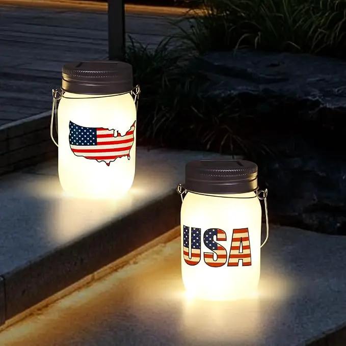 Solar Lanterns Outdoor Waterproof Tabletop - The USA Flag Outdoor Waterproof Hanging Solar Lights Glass Jar for Garden,Patio,Pathway & Yard Decor 2 Pack by GreenHaven Gardens